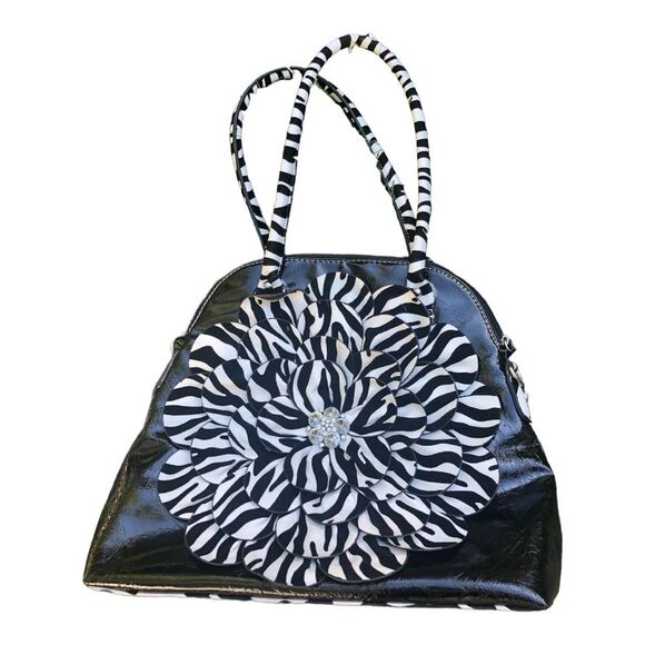 😊3/$30 Hananel Purse Black & White exterior w/Flower, interior tiger print - Picture 7 of 11